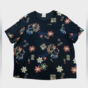 ⭐️5/$25 Embroidered Bentley Plus‎ 2X Black Oriental Design Short Sleeve Top